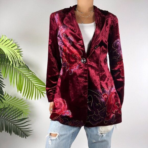 Women's Vintage 90s Fairy Grunge Red Velvet Floral Boho Whimsigoth Blazer / 10 - Picture 3 of 7